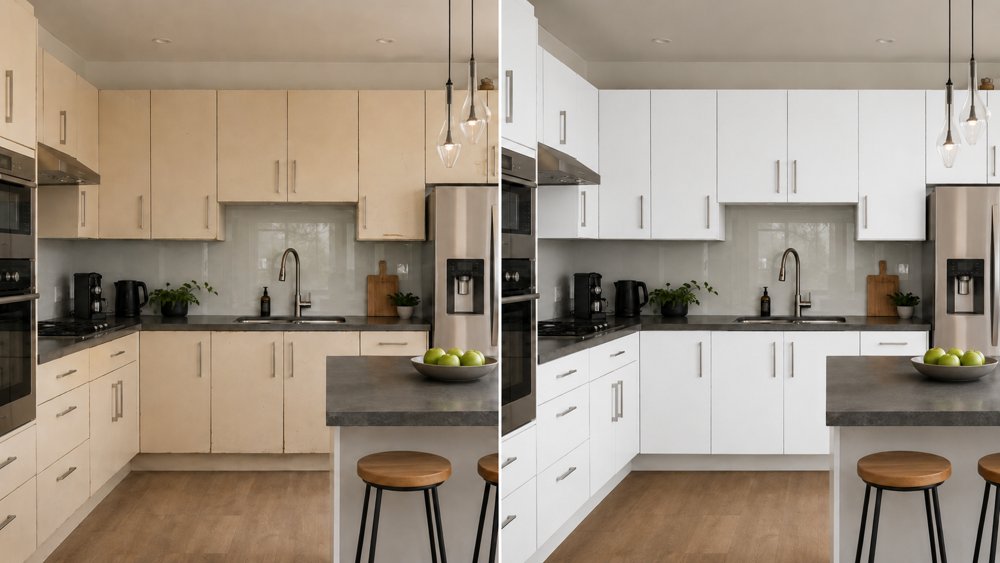 Cuisine rénovée avec revêtement blanc mat
